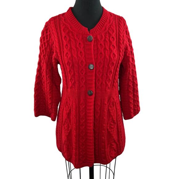 Kilronan Knitwear Red Ireland New Wool Cable Knit 3/4 Sleeve Cardigan Sweater L - Picture 1 of 7